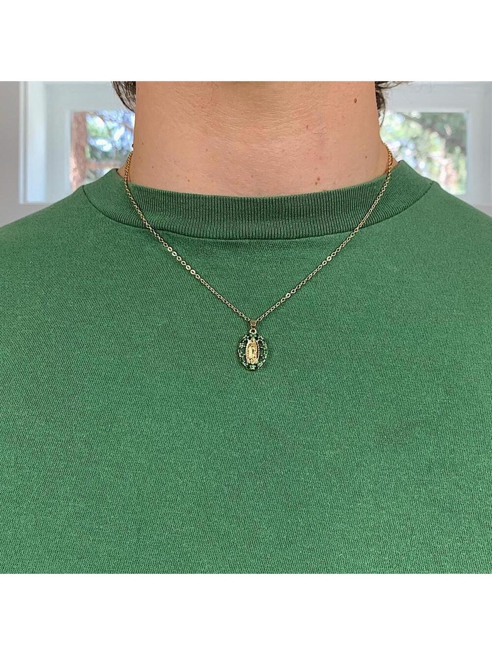 Gold Saint Marry green rhinestone pendant necklace. 19 inches length. Can be - Picture 3 of 7